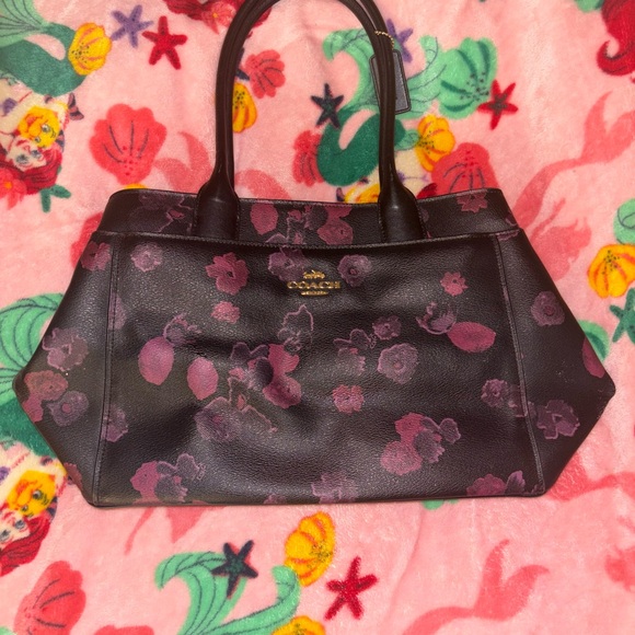 Black coach purse with pink and purple flowers - Picture 1 of 5